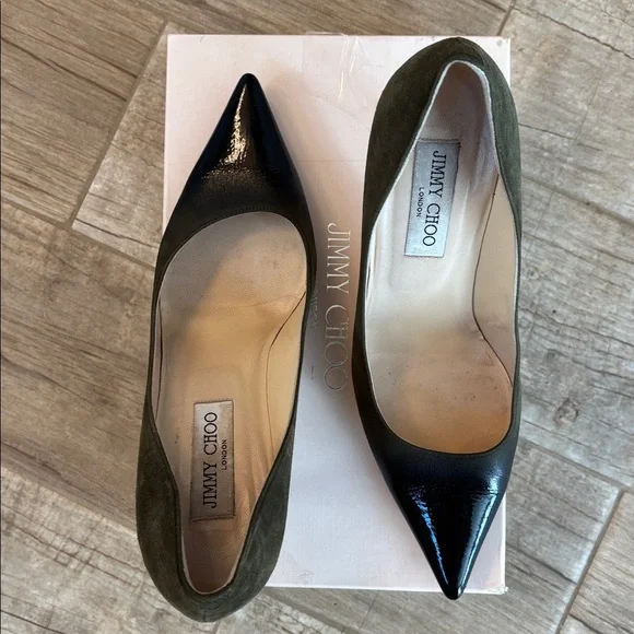 Jimmy Choo Patent Suede Black/Military 3” Heels - Picture 3 of 8